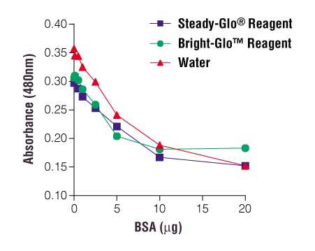 BSA standard curve generated using 0.1X Steady-Glo Reagent or 0.1X Bright-Glo Reagent (or water control) with the NI Protein Assay. 
