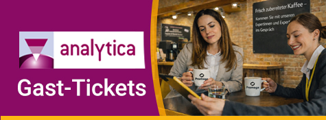 Banner zur Analytica 2026 mit Promega Messestand, Kaffeebar und persönlichem Austausch