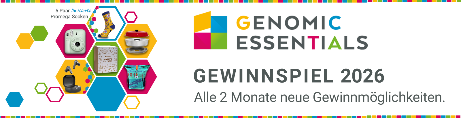 Banner zum Genomic Essentials Gewinnspiel 2026 mit Abbildungen verschiedener Preise und Hinweis auf regelmäßige Gewinnchancen.