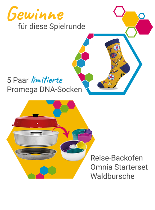 Gewinne für diese Spielrunde des Genomic Essentials Gewinnspiels: 5 Paar limitierte Promega DNA-Socken und als Hauptpreis ein Reise-Backofen Omnia Starterset von Waldbursche