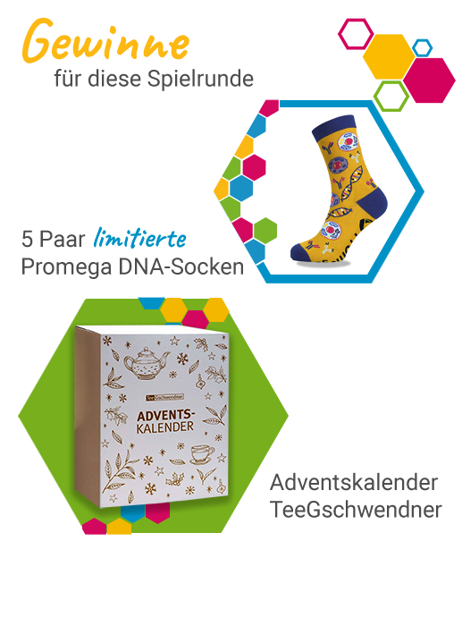 Gewinne für diese Spielrunde: 5 Paar initiierte Promega DNA-Socken und Adventskalender Tee Gschwender. Mit bunten Hexagon-Formen und Produktbildern.