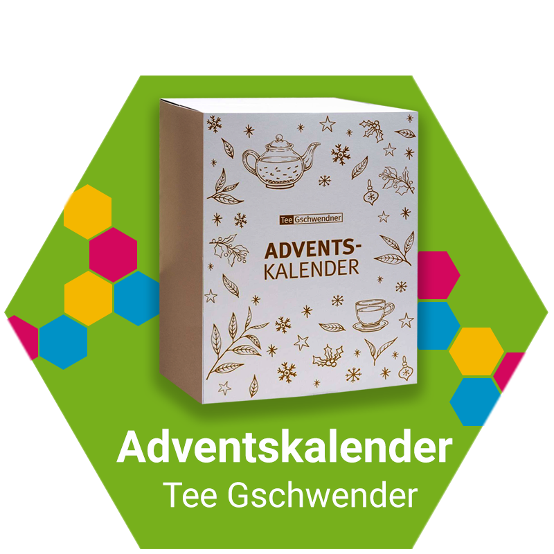 Grafik mit einem Tee-Adventskalender von Tee Gschwendner, dargestellt auf grünem Hintergrund mit farbigen Hexagon-Elementen.