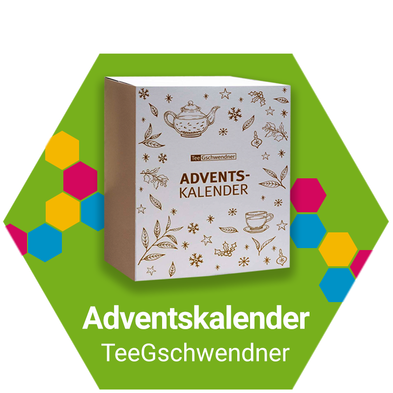 Grafik mit einem Tee-Adventskalender von Tee Gschwendner, dargestellt auf grünem Hintergrund mit farbigen Hexagon-Elementen.