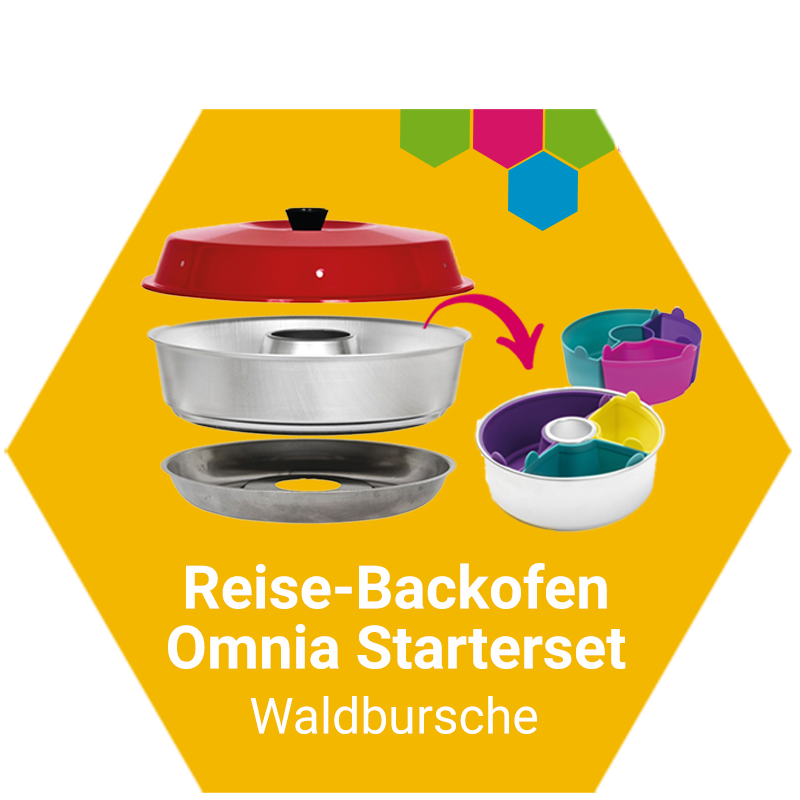 Grafik mit dem Reise-Backofen Omnia Starterset von Waldbursche, bestehend aus Backofen, Deckel und Silikonformen, dargestellt auf gelbem Hintergrund mit farbigen Hexagon-Elementen.