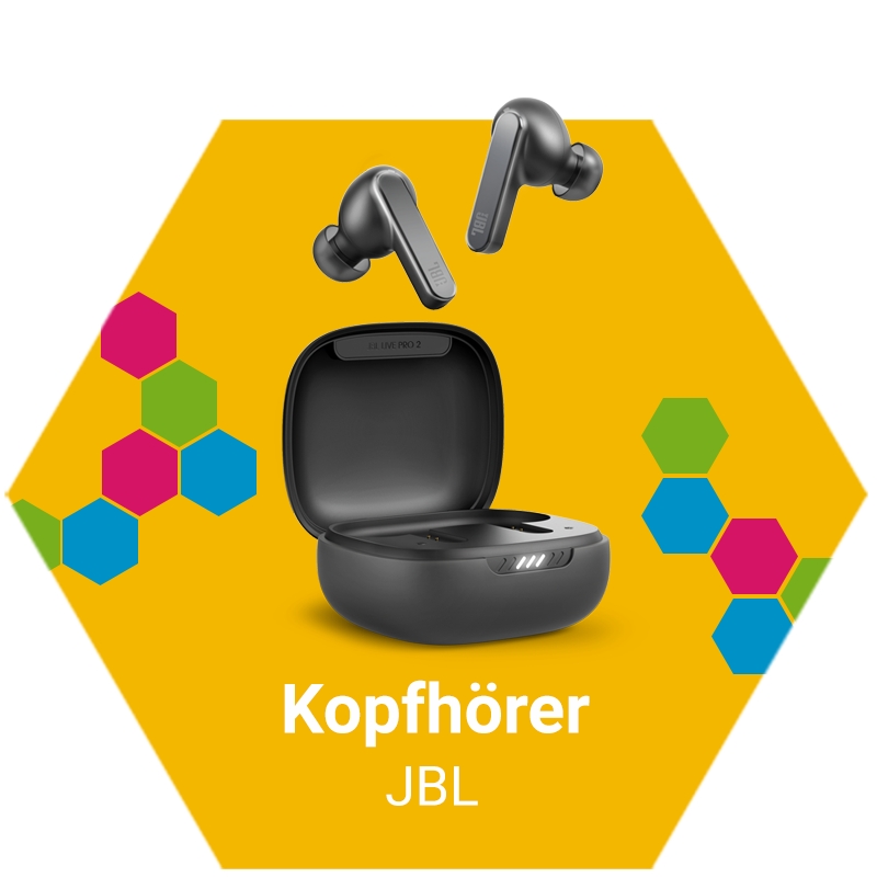 Grafik mit kabellosen JBL Kopfhörern inklusive Ladeetui, dargestellt auf gelbem Hintergrund mit farbigen Hexagon-Elementen.