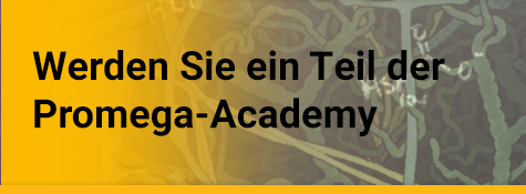 Textgrafik mit dem Schriftzug ‚You want to join our Promega-Academy‘ auf gelb-grauem Hintergrund mit stilisiertem Zellmuster.